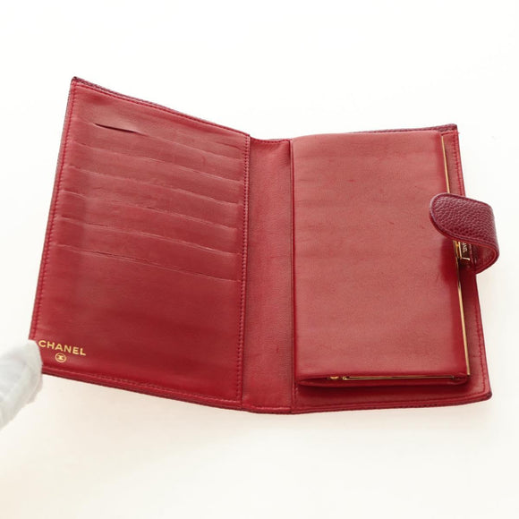 CHANEL COCO Mark Long Wallet Caviar Skin Red Gold CC Auth 190496M