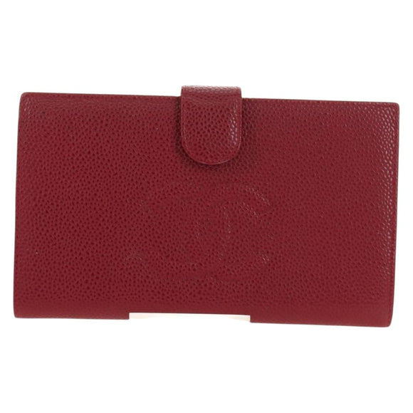 CHANEL COCO Mark Long Wallet Caviar Skin Red Gold CC Auth 190496M