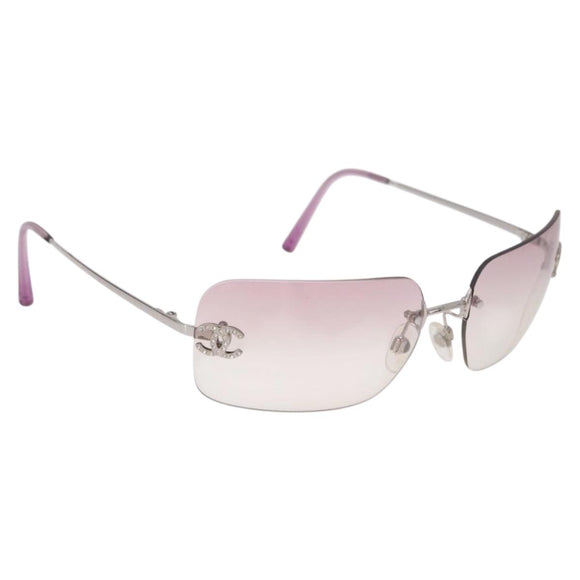 CHANEL COCO Mark Rimless Sunglasses Metal Purple Silver CC Auth 190524M