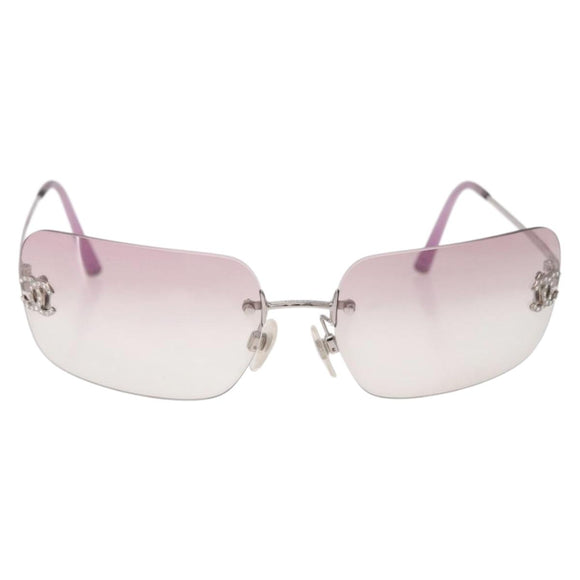 CHANEL COCO Mark Rimless Sunglasses Metal Purple Silver CC Auth 190524M