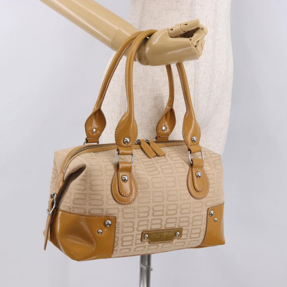 BALENCIAGA Boston Bag Canvas Beige Silver Auth 190552
