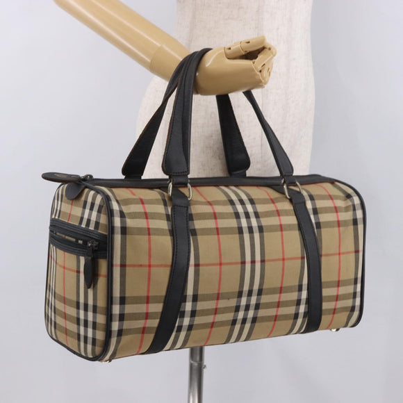 Burberrys Nova Check Boston Bag Canvas Beige Gold Auth 190561