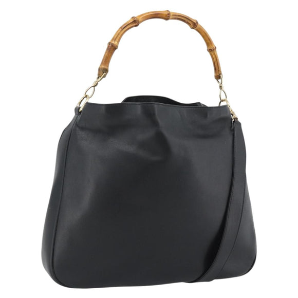 GUCCI Bamboo Hand Bag Leather 2way Black Gold 001 1577 Auth 190569
