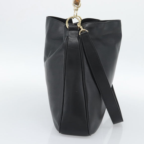 GUCCI Bamboo Hand Bag Leather 2way Black Gold 001 1577 Auth 190569