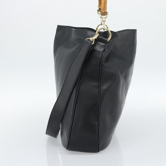 GUCCI Bamboo Hand Bag Leather 2way Black Gold 001 1577 Auth 190569
