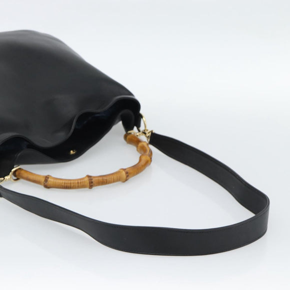 GUCCI Bamboo Hand Bag Leather 2way Black Gold 001 1577 Auth 190569