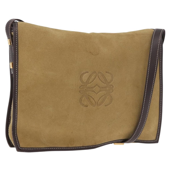LOEWE Anagram Shoulder Bag Suede Beige Gold Auth 190571