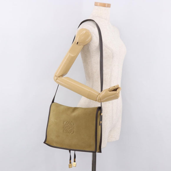 LOEWE Anagram Shoulder Bag Suede Beige Gold Auth 190571