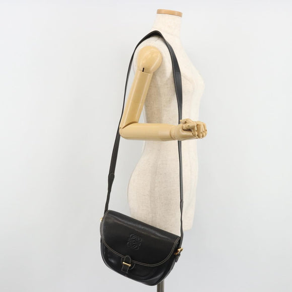 LOEWE Anagram Shoulder Bag Leather Black Gold Auth 190574
