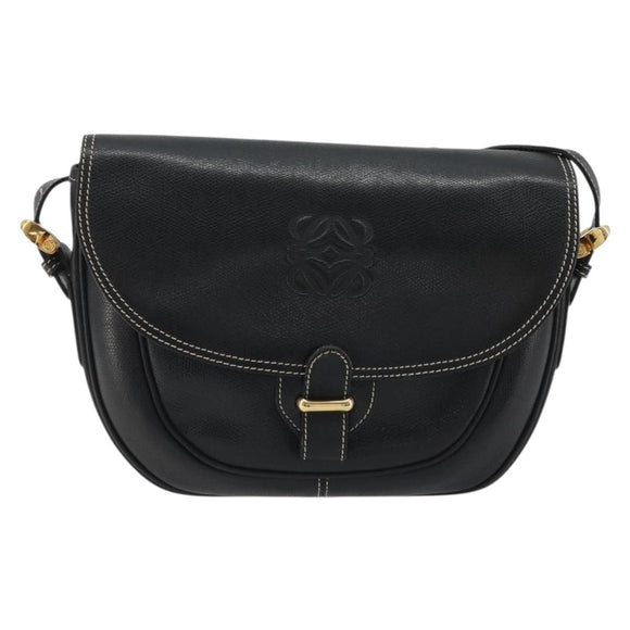 LOEWE Anagram Shoulder Bag Leather Black Gold Auth 190574