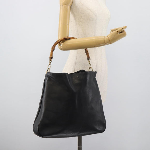 GUCCI Bamboo Hand Bag Leather Black Gold 001 1908 Auth 190578
