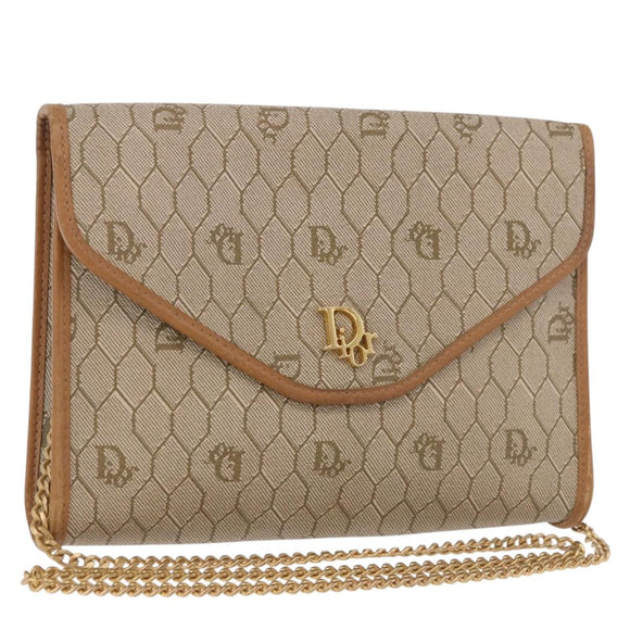 Christian Dior Honeycomb Canvas Chain Shoulder Bag PVC Beige Gold Auth 190583