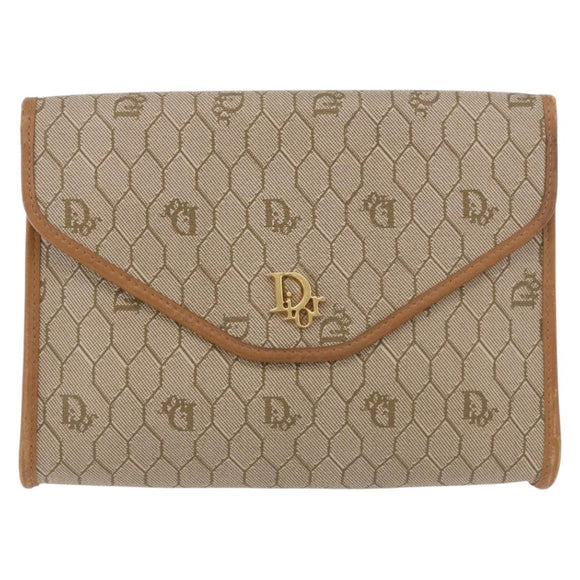 Christian Dior Honeycomb Canvas Chain Shoulder Bag PVC Beige Gold Auth 190583
