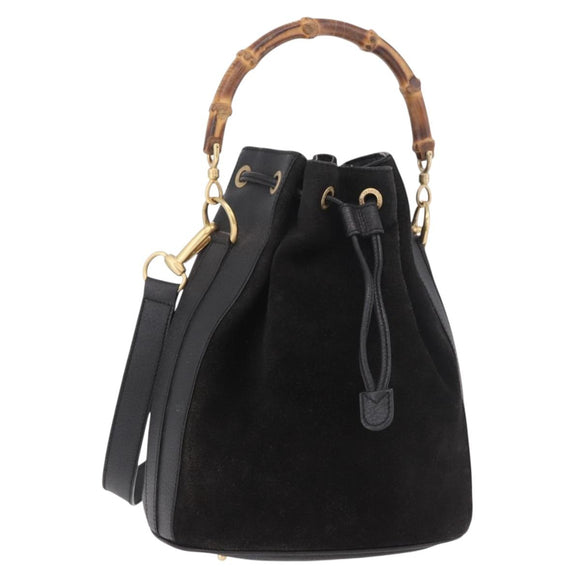 GUCCI Bamboo Hand Bag Suede 2way Black Gold 001 3754 Auth 190587