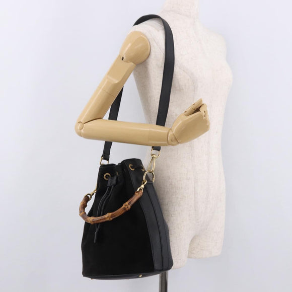 GUCCI Bamboo Hand Bag Suede 2way Black Gold 001 3754 Auth 190587