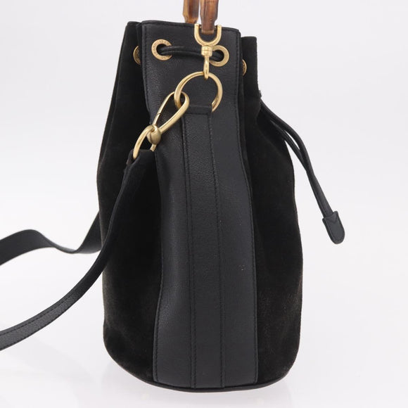 GUCCI Bamboo Hand Bag Suede 2way Black Gold 001 3754 Auth 190587