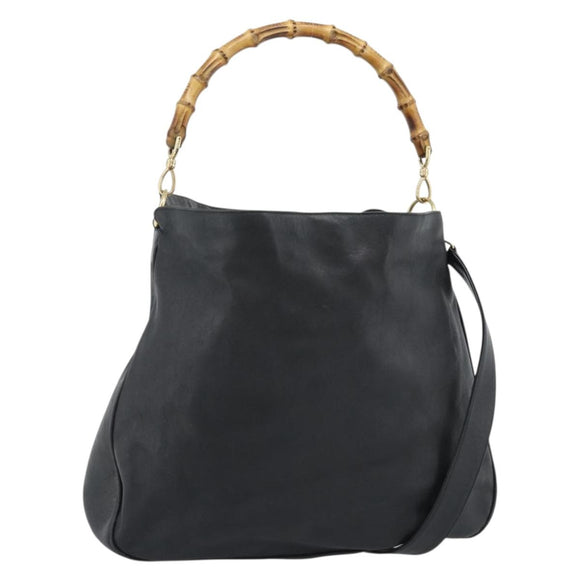 GUCCI Bamboo Hand Bag Leather 2way Black Gold 001 0166 Auth 190590
