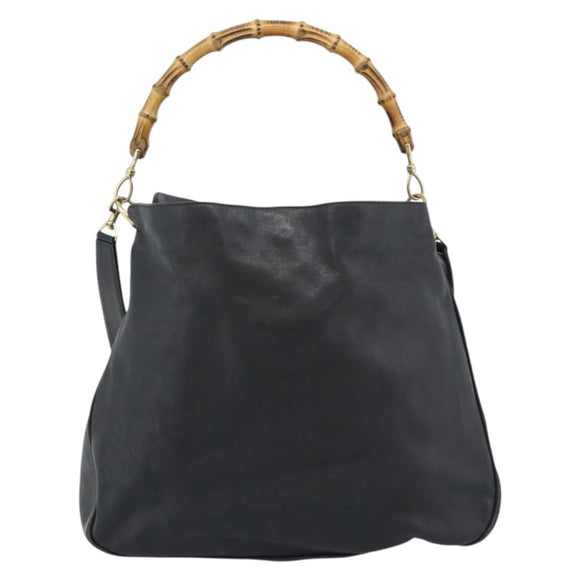 GUCCI Bamboo Hand Bag Leather 2way Black Gold 001 0166 Auth 190590