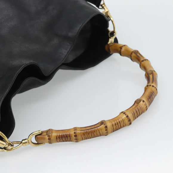 GUCCI Bamboo Hand Bag Leather 2way Black Gold 001 0166 Auth 190590