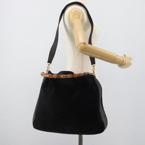 GUCCI Bamboo Hand Bag Suede 2way Black Gold 001 2058 Auth 190591