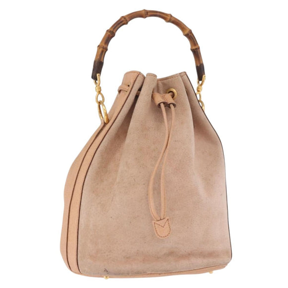 GUCCI Bamboo Hand Bag Suede Beige Gold 001 2865 Auth 190592