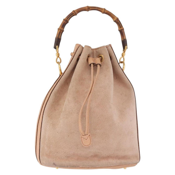GUCCI Bamboo Hand Bag Suede Beige Gold 001 2865 Auth 190592