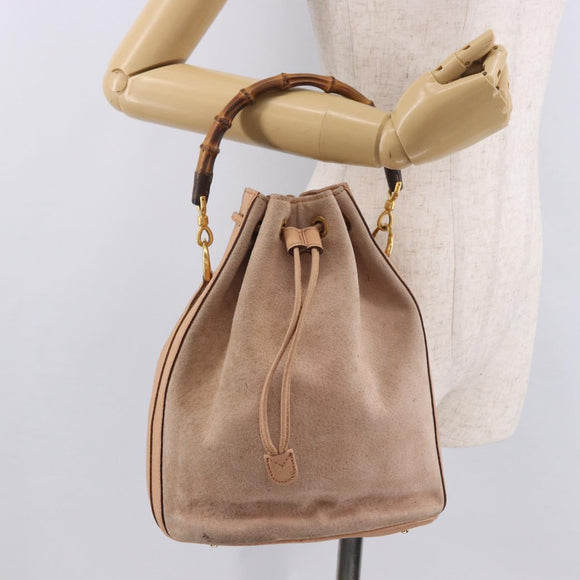 GUCCI Bamboo Hand Bag Suede Beige Gold 001 2865 Auth 190592