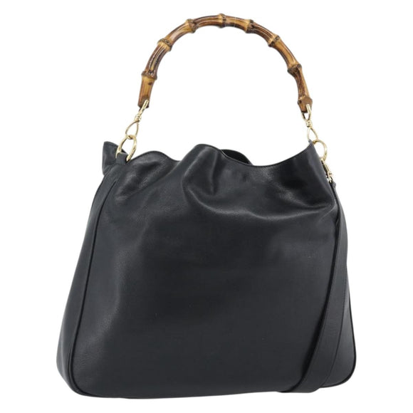 GUCCI Bamboo Hand Bag Leather 2way Black Gold 001 1998 Auth 190593