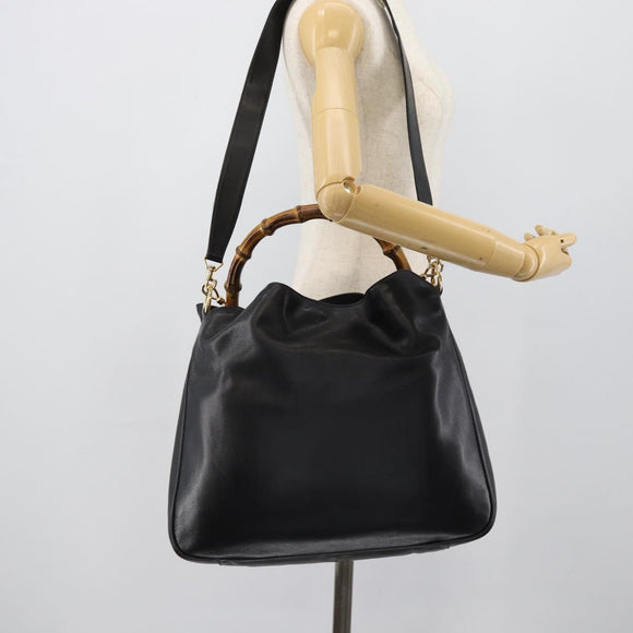GUCCI Bamboo Hand Bag Leather 2way Black Gold 001 1998 Auth 190593