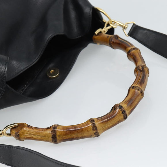 GUCCI Bamboo Hand Bag Leather 2way Black Gold 001 1998 Auth 190593