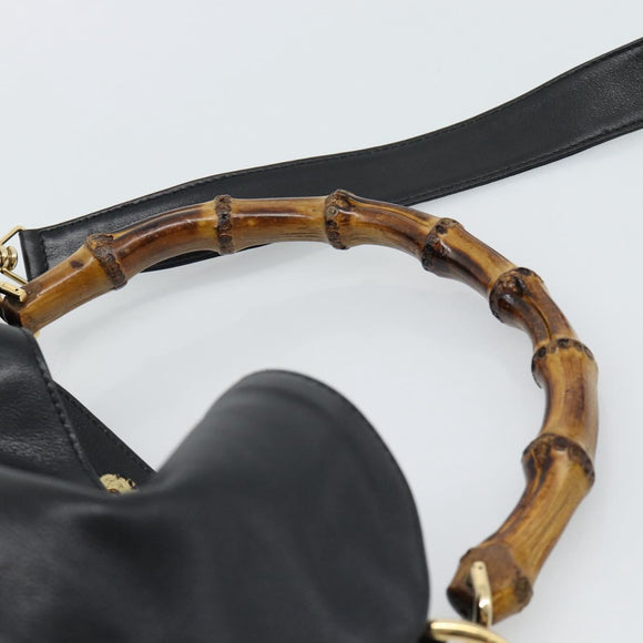 GUCCI Bamboo Hand Bag Leather 2way Black Gold 001 1998 Auth 190593