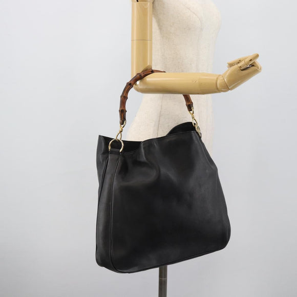 GUCCI Bamboo Hand Bag Leather Black Gold 001 1638 Auth 190594