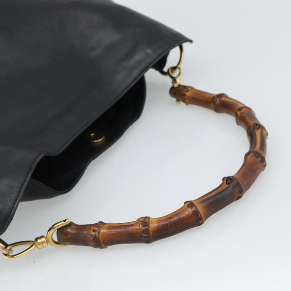 GUCCI Bamboo Hand Bag Leather Black Gold 001 1638 Auth 190594