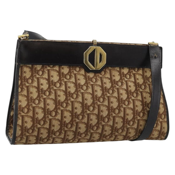 Christian Dior Trotter Canvas Shoulder Bag Beige Gold Auth 190611