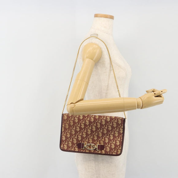 Christian Dior Trotter Canvas Chain Shoulder Bag Red Gold Auth 190630