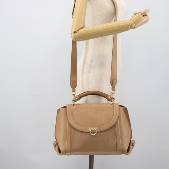 Salvatore Ferragamo Gancini Hand Bag Leather 2way Beige Gold Auth 190640