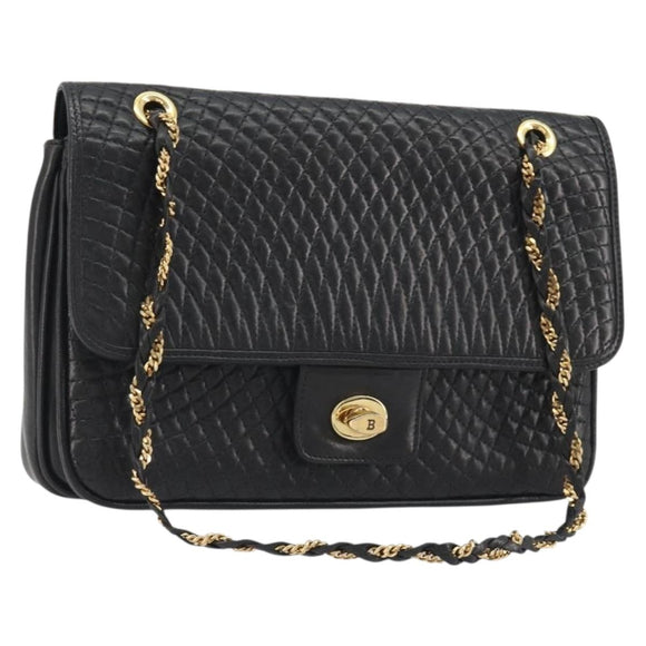 BALLY Chain Shoulder Bag Leather Black Gold Auth 190641A