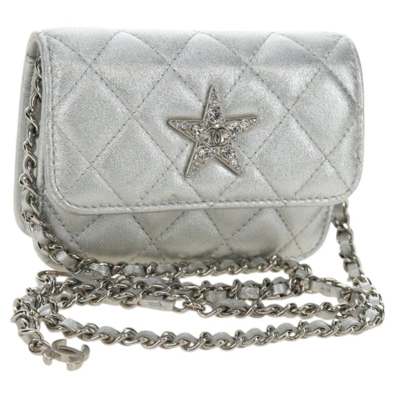 CHANEL Matelasse Chain Shoulder Bag Lamb Skin Silver CC Auth 190674SAM