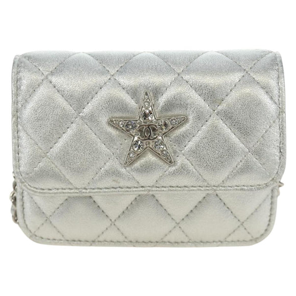 CHANEL Matelasse Chain Shoulder Bag Lamb Skin Silver CC Auth 190674SAM