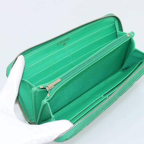 CHANEL Matelasse Long Wallet Lamb Skin Green Gold CC Auth 190675