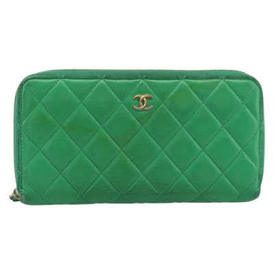 CHANEL Matelasse Long Wallet Lamb Skin Green Gold CC Auth 190675 - 0