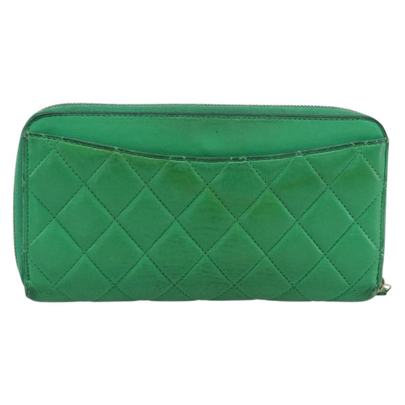 CHANEL Matelasse Long Wallet Lamb Skin Green Gold CC Auth 190675