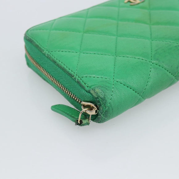 CHANEL Matelasse Long Wallet Lamb Skin Green Gold CC Auth 190675