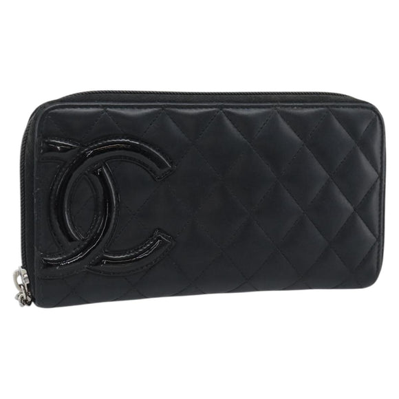 CHANEL Matelasse Cambon Line Long Wallet Leather Black Silver CC Auth 190679