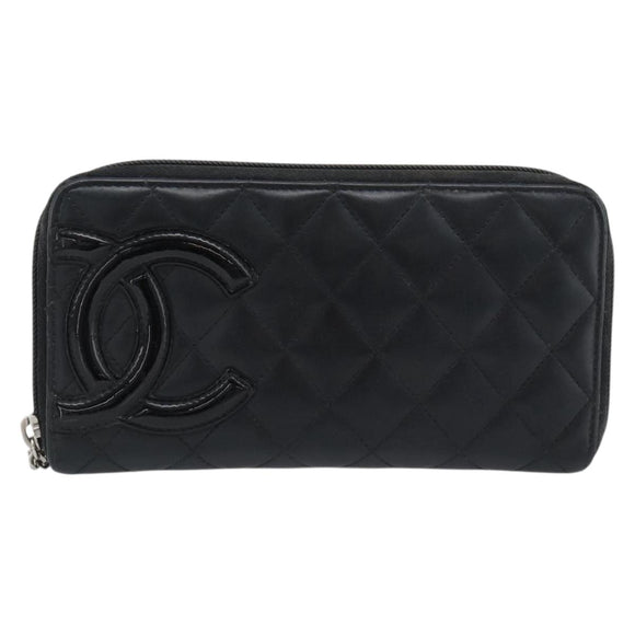 CHANEL Matelasse Cambon Line Long Wallet Leather Black Silver CC Auth 190679