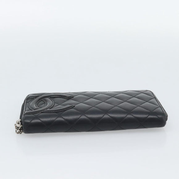 CHANEL Matelasse Cambon Line Long Wallet Leather Black Silver CC Auth 190679