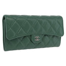 CHANEL Matelasse Long Wallet Lamb Skin Green Silver CC Auth 190682M-1