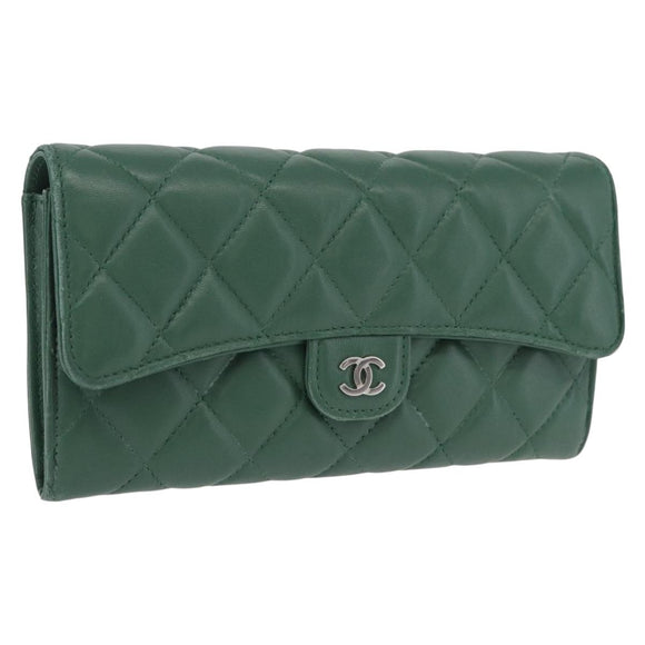 CHANEL Matelasse Long Wallet Lamb Skin Green Silver CC Auth 190682M