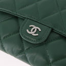 CHANEL Matelasse Long Wallet Lamb Skin Green Silver CC Auth 190682M-13