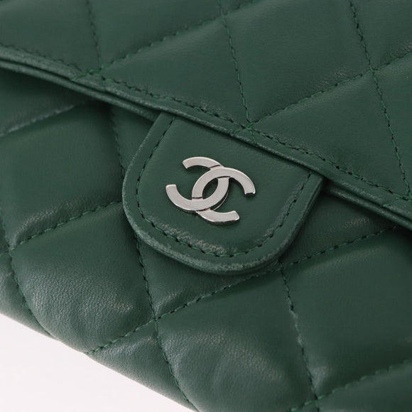 CHANEL Matelasse Long Wallet Lamb Skin Green Silver CC Auth 190682M